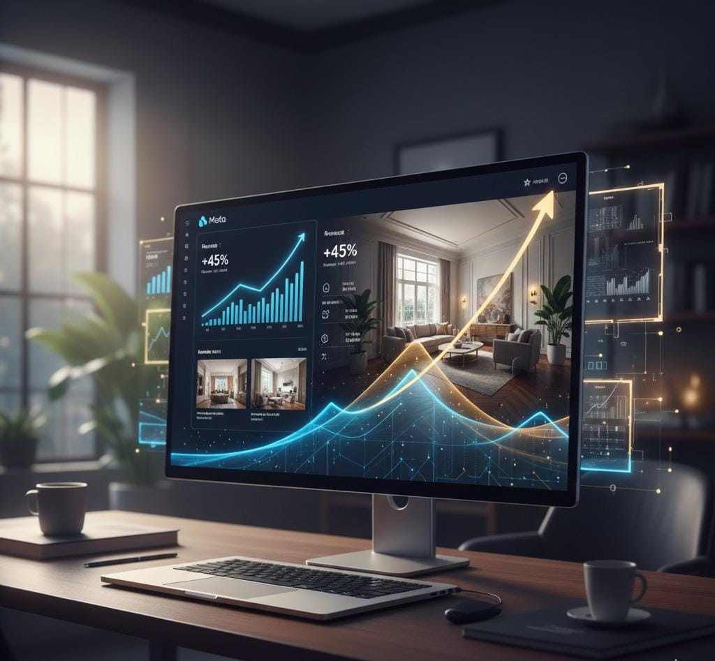 Modern home office with growth charts on laptop